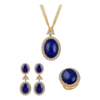 15Ct Diamond & 30Ct Natural Lapis Lazuli Set 18 K Y Gold, Ring, Earring, Pendant For Sale