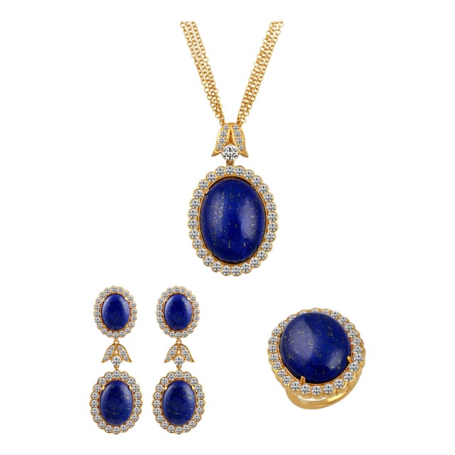 15Ct Diamond & 30Ct Natural Lapis Lazuli Set 18 K Y Gold, Ring, Earring, Pendant For Sale