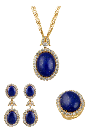 15Ct Diamond & 30Ct Natural Lapis Lazuli Set 18 K Y Gold, Ring, Earring, Pendant