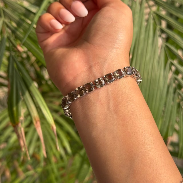 6x6 Mm Cushion Cut Smoky Topaz Tennis Bracelet in 925 Silver by Caratandher For Sale - Image 6 of 11