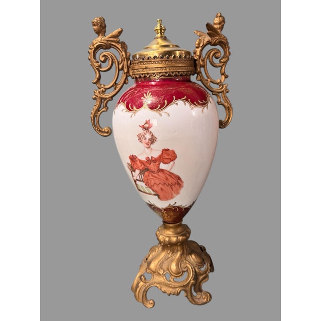 Antique Victorian Porcelain Portrait & Cast Metal Figural Decorated 18" Handled Urn For Sale - Image 9 of 10