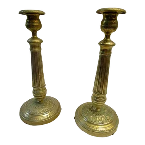 19th Century Gold French Empire Pair of Embossed Brass Candlesticks