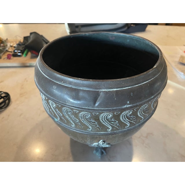 Antique Brass Jardiniere Planter Geometric Design Motif Ball Claw Three-Foot For Sale In Santa Fe - Image 6 of 7