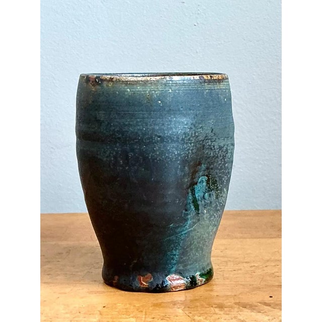 Vintage Blue Green Glazed Pottery Vase For Sale - Image 9 of 12