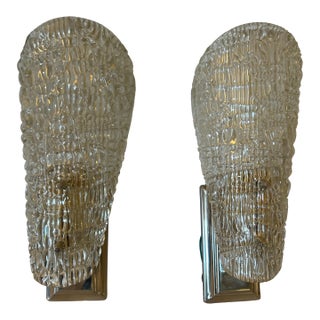 1950s Austrian Textured Ice Glass and Chrome Wall Sconces a Pair Style J. T. Kalmar For Sale