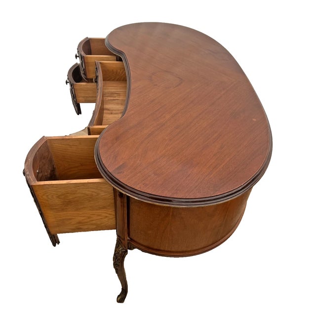 1950s Vintage French Desk Kidney Shaped Vanity Four Carved Drawers Petite Size For Sale - Image 5 of 12