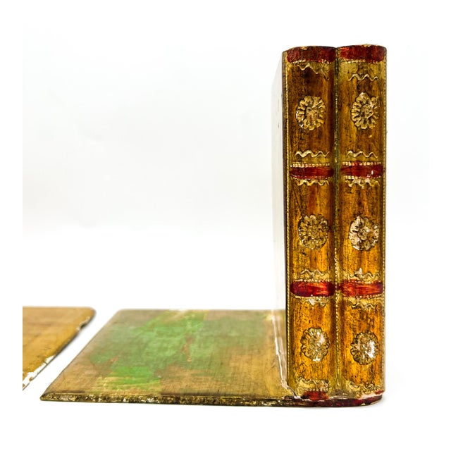 Florentine Pair of Vintage Italian Florentine Giltwood Bookends | Faux Book Spine Design - Mid- Century, Shabby Chic, Neoclassical, Library For Sale - Image 4 of 13
