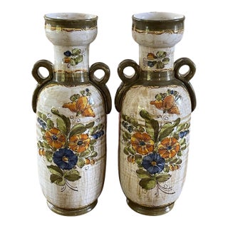 Pair of Vintage 16” Italian Hand-Painted Ceramic Amphora Vases – Weiselman Import For Sale