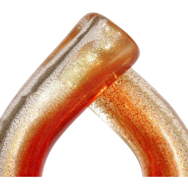 Seguso Murano Vintage Red Orange Gold Flecks Italian Art Glass Double Mouth Tube Flower Vase For Sale In Orlando - Image 6 of 13
