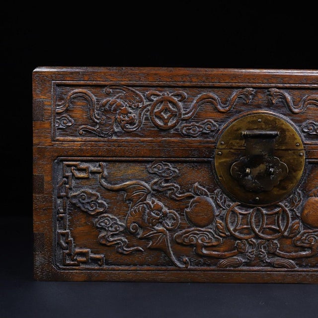 Pair of Huali Rosewood Nesting Boxes Carved With Bat & Peach Motif For Sale - Image 4 of 10