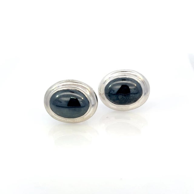 Contemporary 1990s Tiffany & Co Estate Natural Hematite Cabochon Earrings Sterling Silver, 2 Pieces For Sale - Image 3 of 12