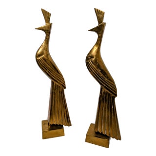 Mid 20th Century Pair of Brass Art Deco Peacock Sculptures For Sale