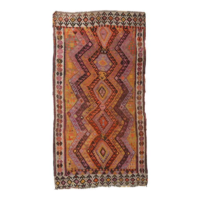 Decorative Vintage Turkish Kars Kilim Rug - 4`9″ X 9`4″ For Sale