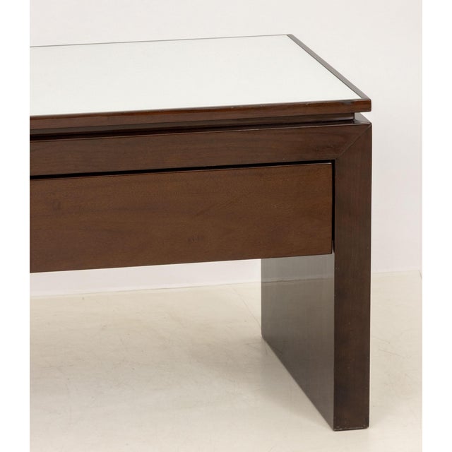 Modern Modern White Glass and Mahogany Side Tables, Pair For Sale - Image 3 of 7