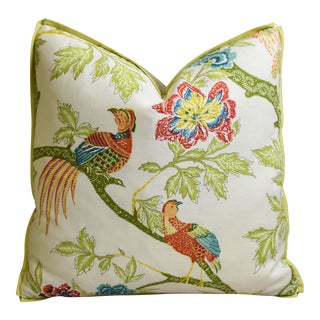 Schumacher Chinoiserie Linen & Mohair Bird Feather/Down Pillow 21" Square For Sale