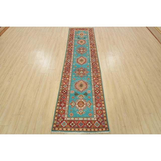 Farmhouse Kazak Runner 2’7” X 9’6” Blue Wool Tribal Hand-Knotted Oriental Rug For Sale - Image 3 of 12