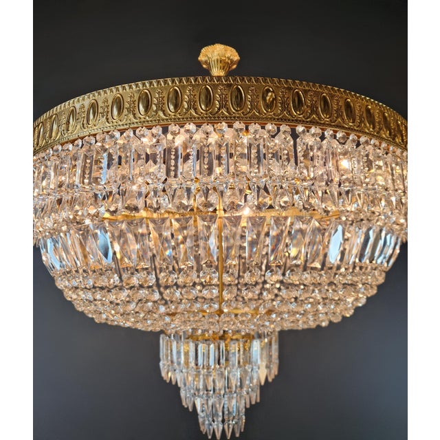 Metal 1930s Low Plafonnier Crystal Chandelier Brass Lustre Ceiling Art Deco Gold For Sale - Image 7 of 12