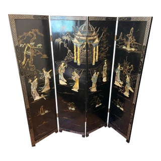 Mid-20th Century Chinese Black Lacquer 4-Panel Room Divider Screen With Carved Soapstone & Mother-of-Pearl Inlay For Sale