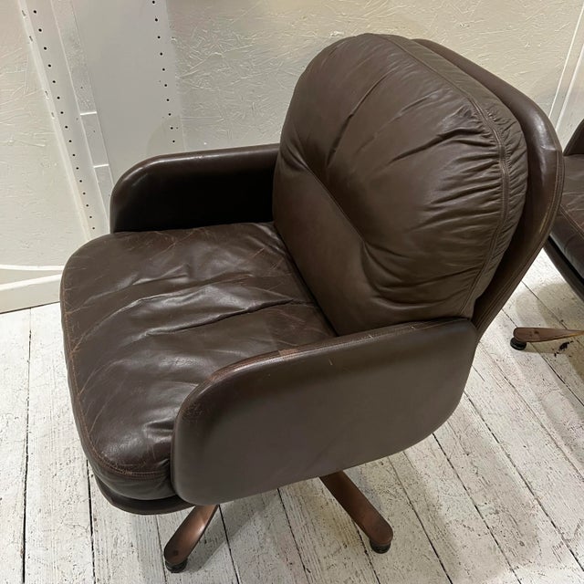 Brown Leather and Brass Propeller Base Arm Chairs by Mueller Furniture For Sale In Cleveland - Image 6 of 12