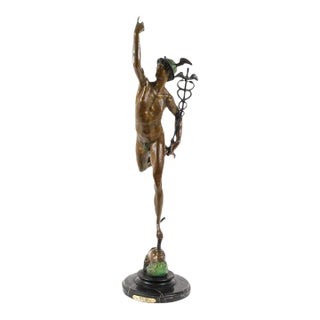 Bronze Flying Mercury Sculpture After Giambologna on Black Marble Base For Sale
