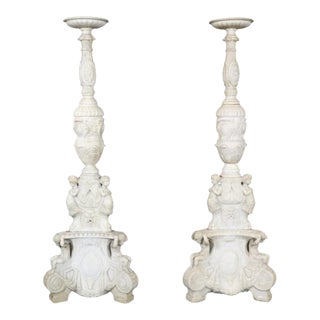 20th C Pair White Marble Figural Carved Pedestals Plantstands For Sale
