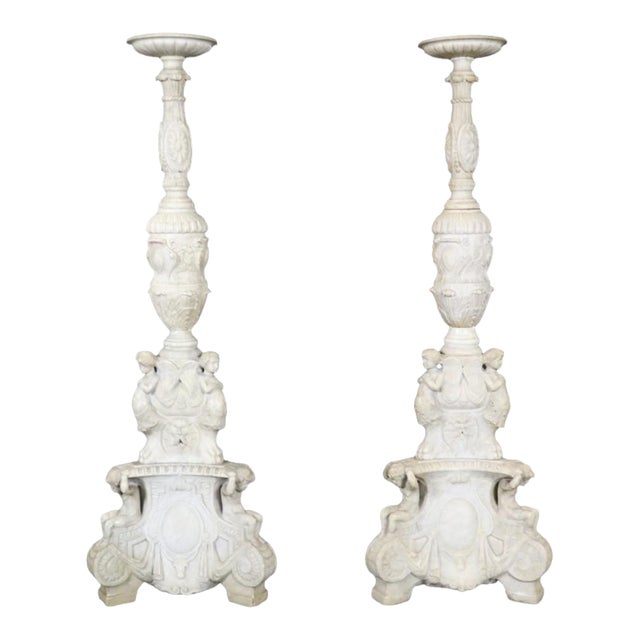 20th C Pair White Marble Figural Carved Pedestals Plantstands For Sale