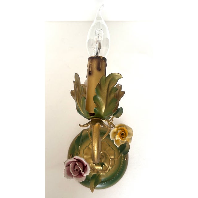 Vintage Italian Metal and Porcelain Rose Wall Lamps from Unbekannt, 1950s, Set of 2, in Very Good conditions. Designed...