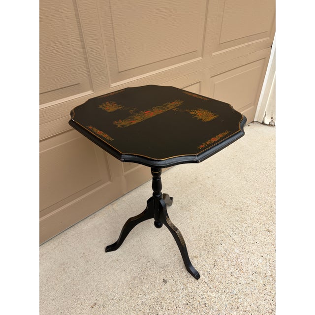Wood 1940s Regency Chinoiserie Black Painted Walnut Side Table With Hand-Painted Scenes For Sale - Image 7 of 10