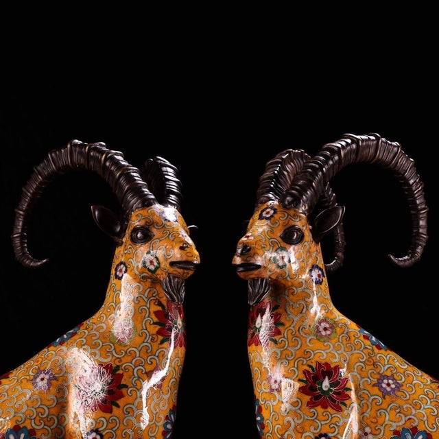 Metal Late 20th Century Pair of Gilt Bronze Cloisonné Enamel Ram Figures on Rockery Bases For Sale - Image 7 of 9