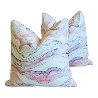 Modern Blush-Pink Marbleized Feather/Down Pillows 22" Square - Pair For Sale