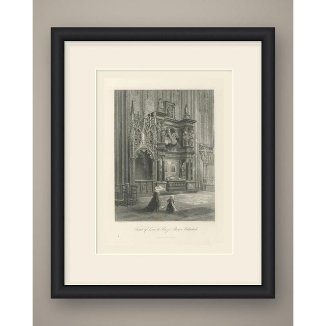 A grand Renaissance wall monument rises in tiers against the Gothic piers of a great church in this upright steel...
