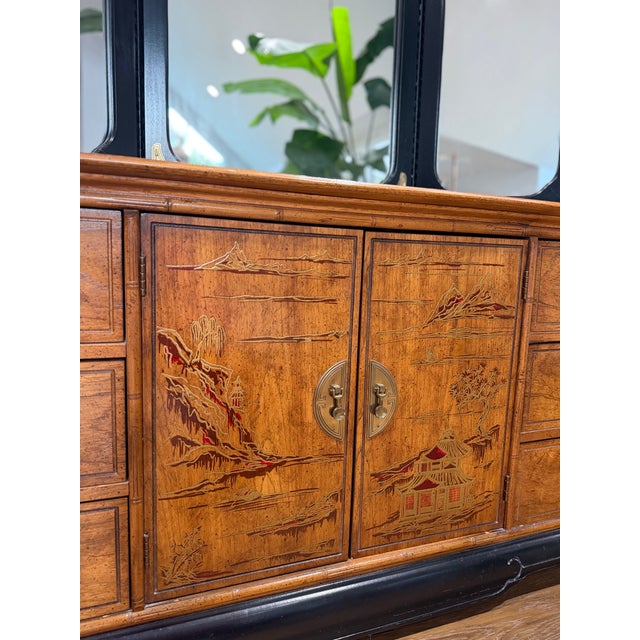 Wood Vintage Bassett “Lotus Garden” Ebony & Pecan Bedroom Suite For Sale - Image 7 of 18