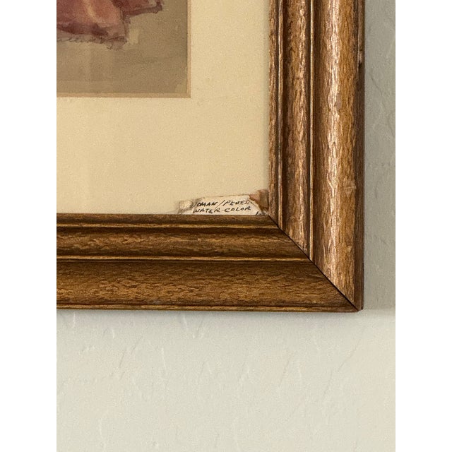 Wood Antique Early 20th Century Woman Pedestal Watercolor Signed Matted and Framed Under Glass Original Art 21”t X 14.75”w For Sale - Image 7 of 12
