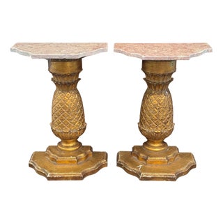 Pair of Carved Giltwood Pineapple Consoles With Marble Tops For Sale