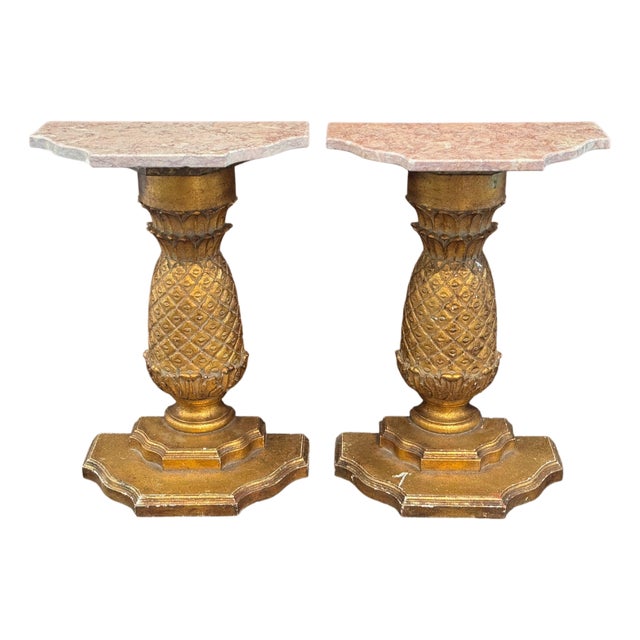 Pair of Carved Giltwood Pineapple Consoles With Marble Tops For Sale
