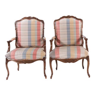 French Louis XV Style Carved Open Armchairs - A Pair For Sale