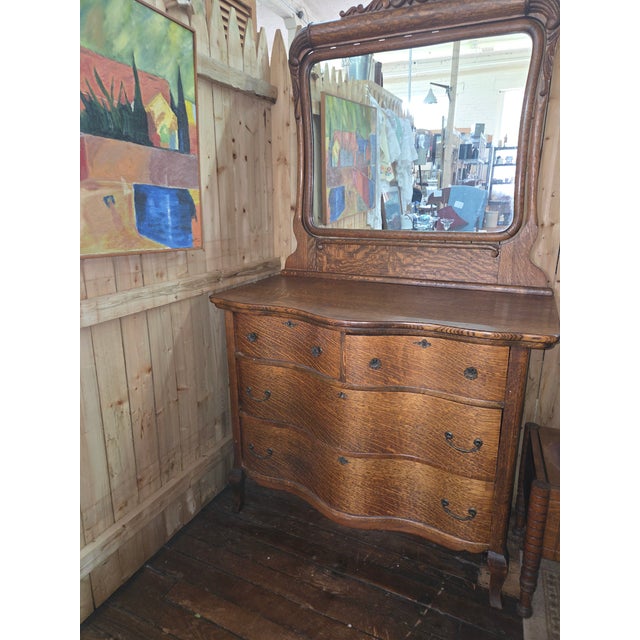 Antique 1890s Serpentine Tiger Oak Dresser With Mirror For Sale - Image 11 of 12