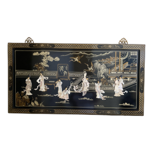 Vintage Chinese Black Lacquer Wall Panel With Mother of Pearl Inlay