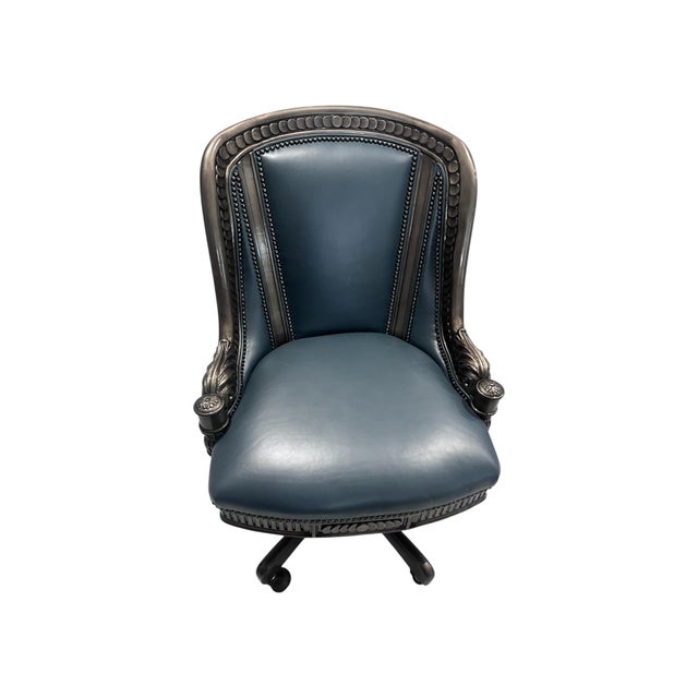 Late 20th Century Hancock and Moore Intricately Carved Blue Swivel Office Chair For Sale In Naples, FL - Image 6 of 8