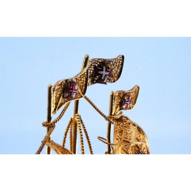 Caravel in Gilded Silver Filigree with Enameled Crosses For Sale - Image 6 of 10