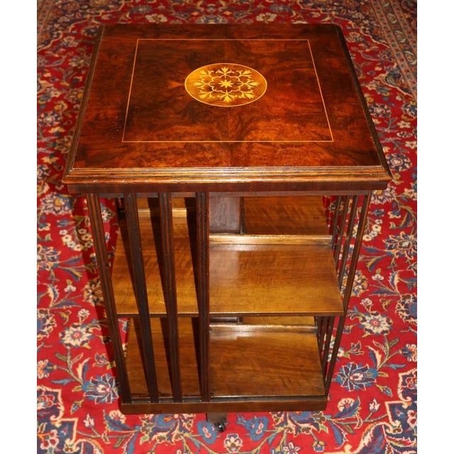 Wood 1960s English Edwardian Burl Wood Inlaid Revolving Bookcase For Sale - Image 7 of 11