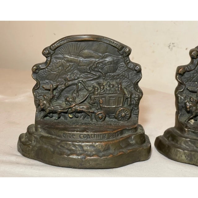 Armor Bronze Pair of Antique Armor Bronze Clad Ye Ols Coaching Days Horse and Buggy Bookends For Sale - Image 4 of 11