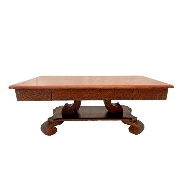Traditional 1910s Antique Coffee Table Solid Oak Top Center Drawer Shelf American Empire Style For Sale - Image 3 of 10