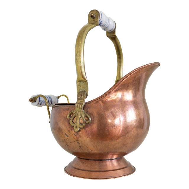 Copper and Brass Helmet Coal Scuttle With Delft Handles For Sale