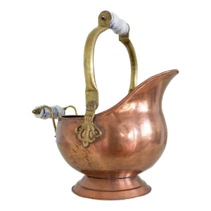 Copper and Brass Helmet Coal Scuttle With Delft Handles