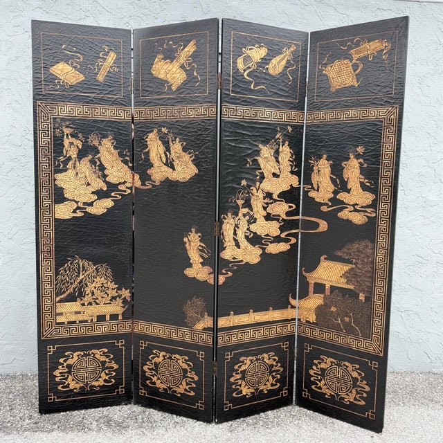 Each panel is 20”w elegant vintage Chinese four-panel folding screen featuring richly detailed hand-carved and painted...