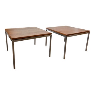 Pair of Knoll Associates Walnut and Steel Square Accent Tables - Restored For Sale
