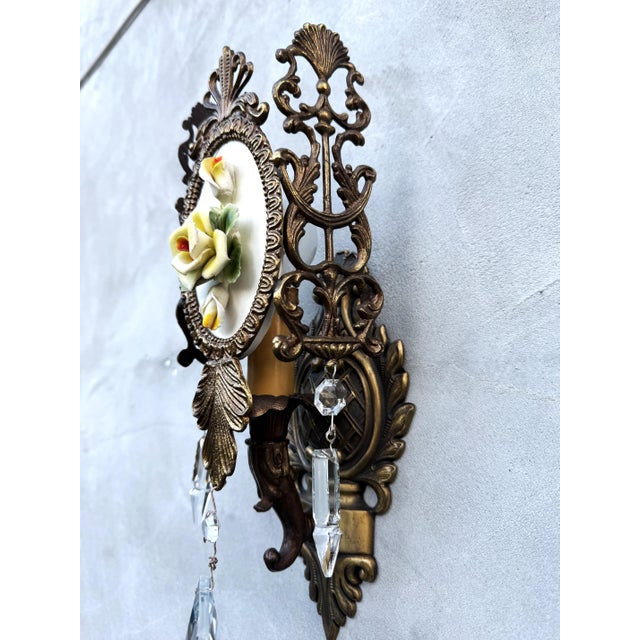 Italian Brass Wall Sconces with Porcelain Roses and Crystal Drops, 1950s, 1920s, Set of 2 For Sale - Image 15 of 16