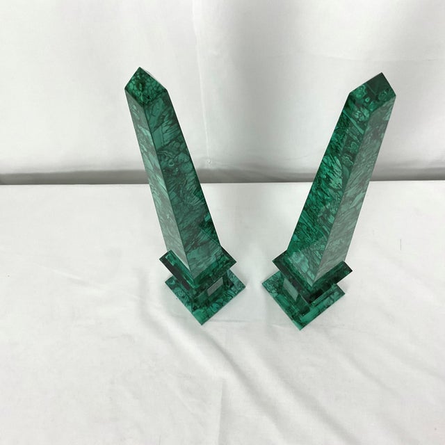 Natural Malachite Obelisk Pair For Sale - Image 4 of 11