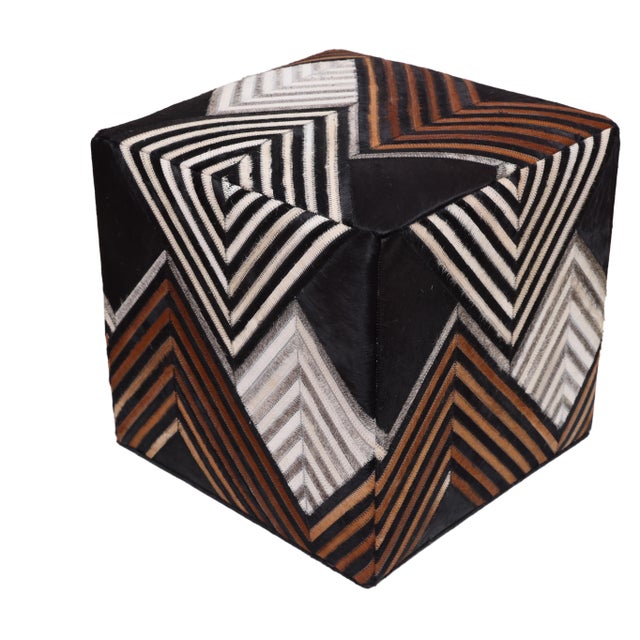 Handmade Chevron Cowhide Leather Ottoman Pouf 18x18x18 in Graphic Statement For Sale - Image 10 of 12